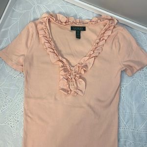 Lauren Ralph Lauren pink ruffled short sleeve shirt. Size:XS